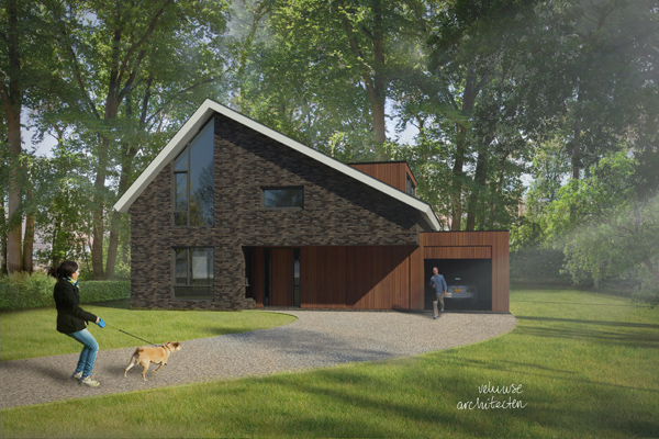Ontwerp van eigentijdse woning in bosrijke wijk door Veluwse architecten voor Bouwbedrijf W. Bouw